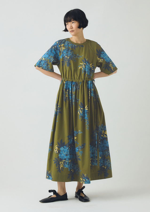 Botanical Shadow Print Cotton Dress | Olive